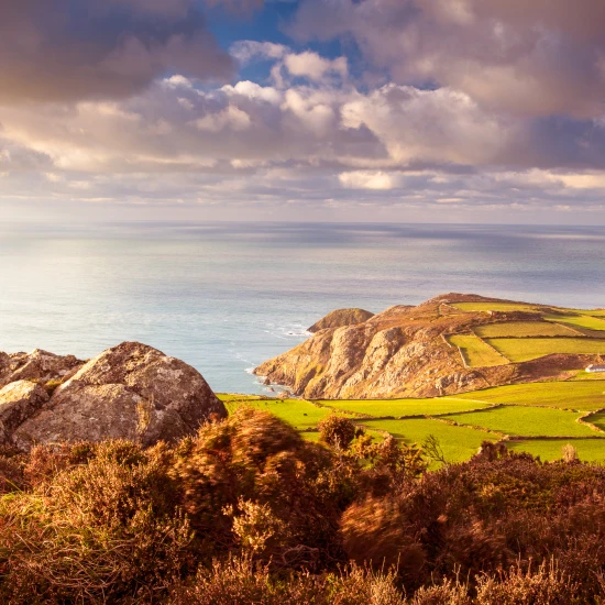 Stunning coastal landscape featuring rugged rocks, rolling green fields, and a tranquil sea under a colorful sky.