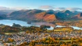 Breathtaking autumn landscape featuring colorful hills, a serene lake, and charming village nestled in the valleys of the UK.