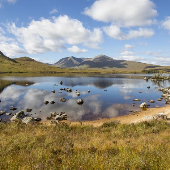 A serene landscape featuring a calm lake reflecting mountains and clouds, surrounded by grassy hills and rocky shores.