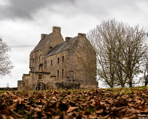 A historic stone building surrounded by bare trees and fallen leaves under a cloudy sky, evoking a sense of history and mystery.