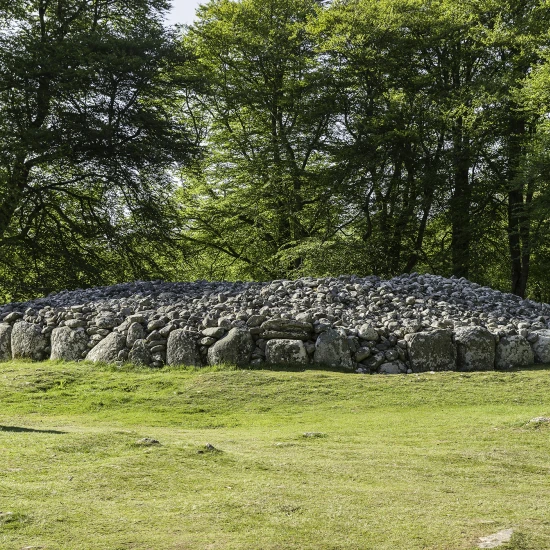 Ancient stone burial site surrounded by greenery, featuring large stones and a mound of smaller rocks. Ideal for historical exploration.