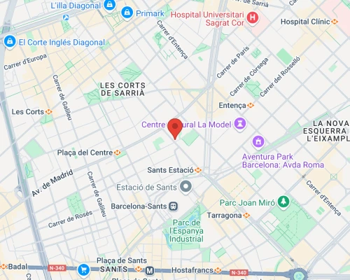 A map focusing on the Les Corts district in Barcelona, highlighting key locations like Sants Estació and Centre Cultural La Model.