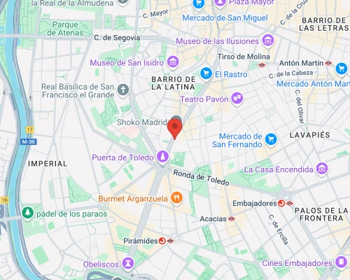 Map of central Madrid highlighting key areas and landmarks, with a focus on the Puerta de Toledo.