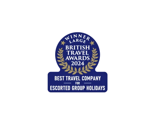 Award badge for Rabbie's Tours, named Best Travel Company for Escorted Group Holidays at the British Travel Awards 2024.