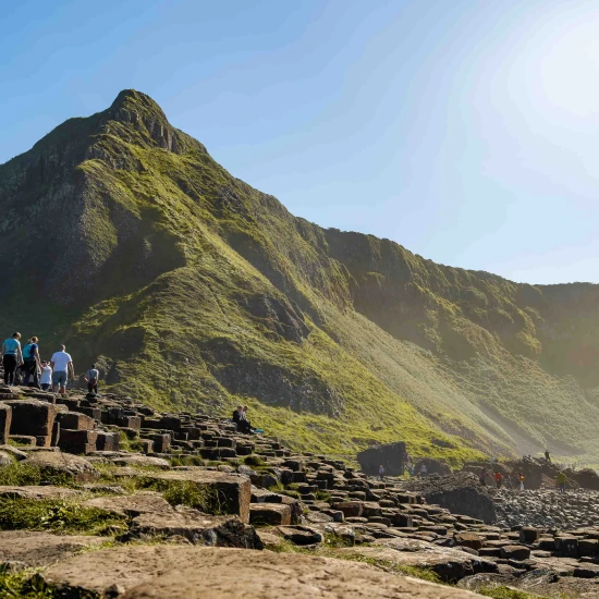 Visitors explore the iconic Giant's Causeway, surrounded by lush green hills under a clear blue sky.
