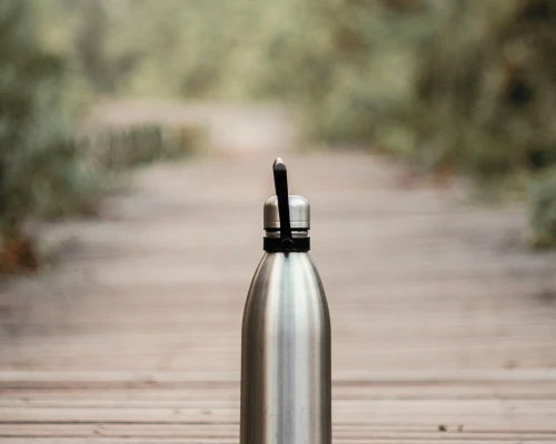 A stainless steel water bottle stands on a wooden pathway, surrounded by greenery in a natural setting.