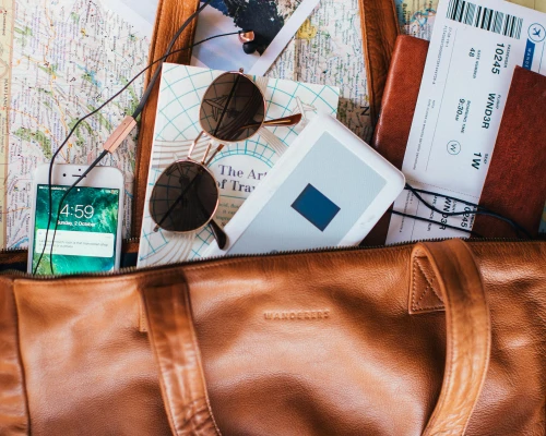A travel bag filled with a map, sunglasses, phone, travel book, and boarding pass, ready for a small group tour adventure.