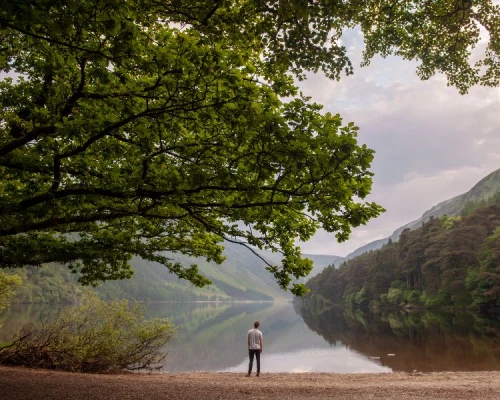 Man standing looking over a Scottish Loch