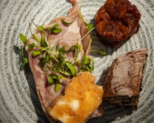 An elegant dish featuring sliced meat, garnished with microgreens, accompanied by a fruit preserve and a slice of cake.