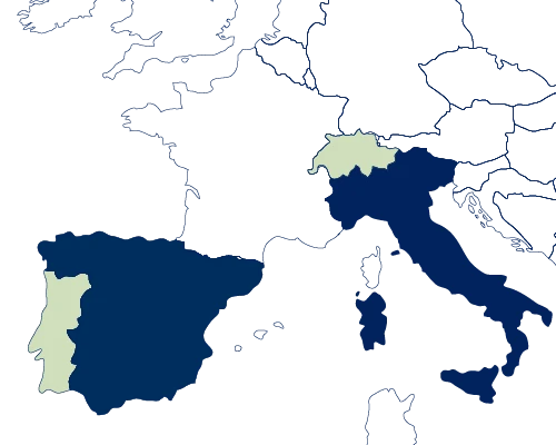 Map outline highlighting regions in the UK and Europe, emphasizing small group tour locations by Rabbie's Tours.