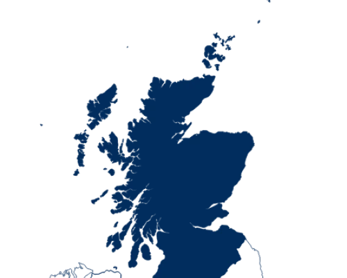 Outline of Scotland in a deep blue color, representing Rabbie's Tours for small group adventures in the UK.