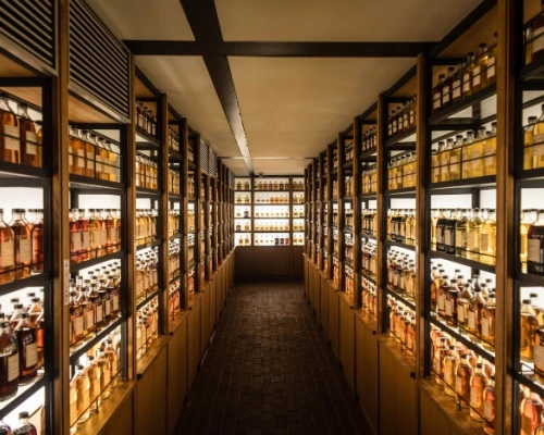 A narrow corridor lined with illuminated shelves filled with various bottles, showcasing a wide array of spirits.