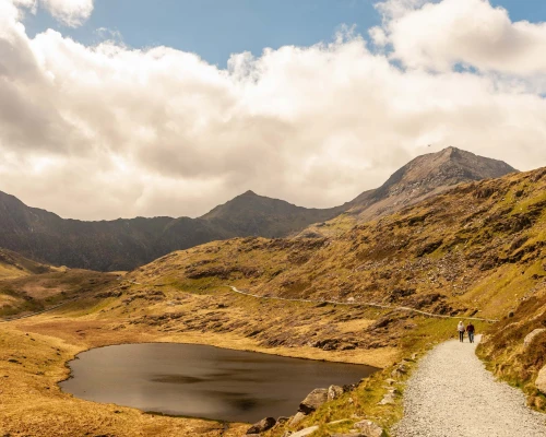 Scenic landscape featuring a winding path, mountains, and a serene lake under a partly cloudy sky in the UK.