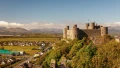 Scenic view of a medieval castle atop a hill, surrounded by lush greenery and a village, with mountains in the background.